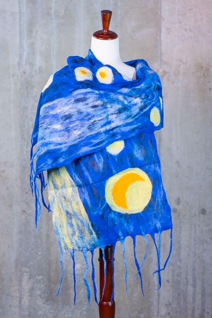 Starry Night Felted Silk Scarf with Fringe