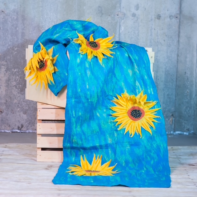 Turquoise Felted Silk Scarf with 3D Sunflowers