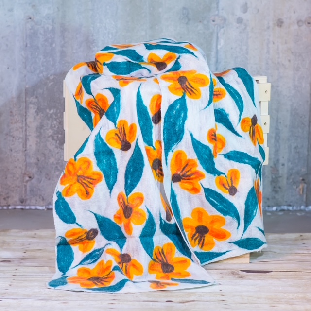 White Felted Silk Scarf with Orange Blossoms