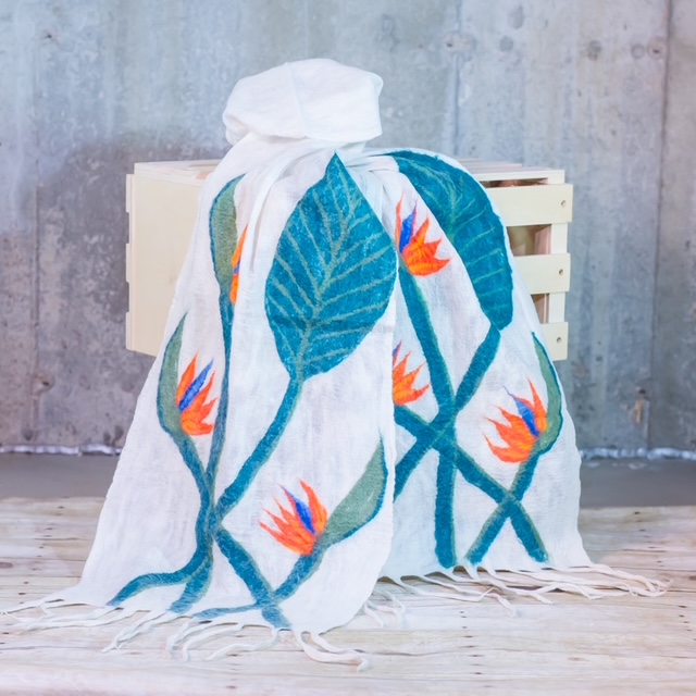White Felted Silk Scarf with Tropical Orange Floral Motif