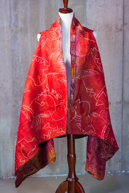 Crimson Red Etched Motif Nuno Felted Silk Cape