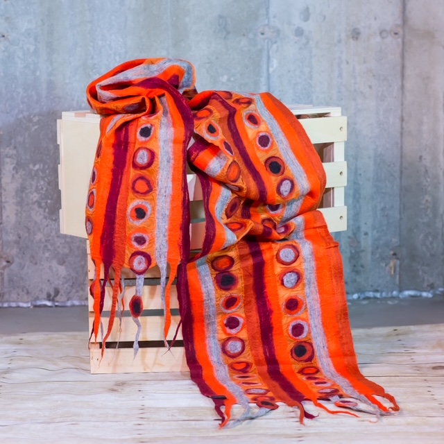 Orange & Gray Felted Silk Scarf with Geometric Dots