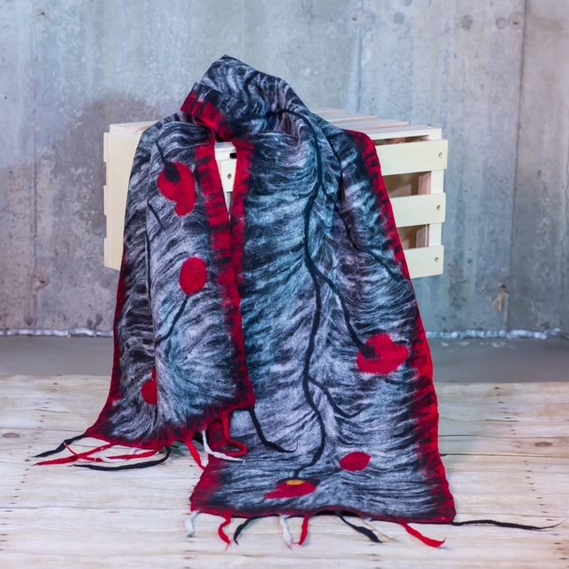 Black & Gray Felted Silk Scarf with Red Floral Vine