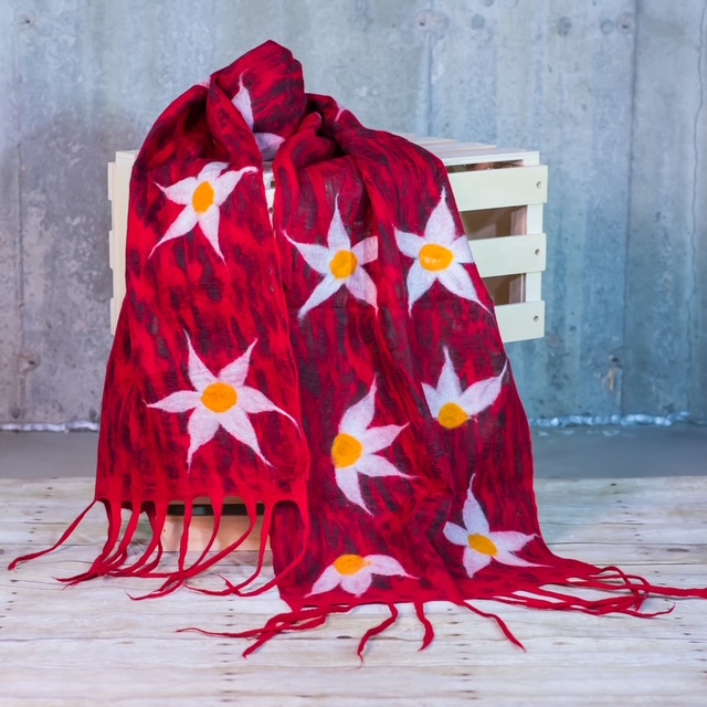 Crimson Felted Silk Scarf with White Floral Motifs