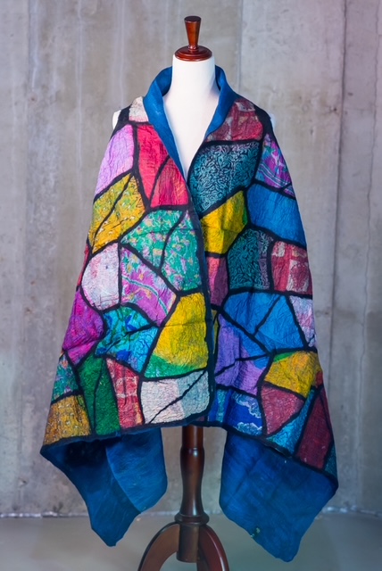 Multicolored Patchwork Stained-Glass Nuno Felted Silk Cape
