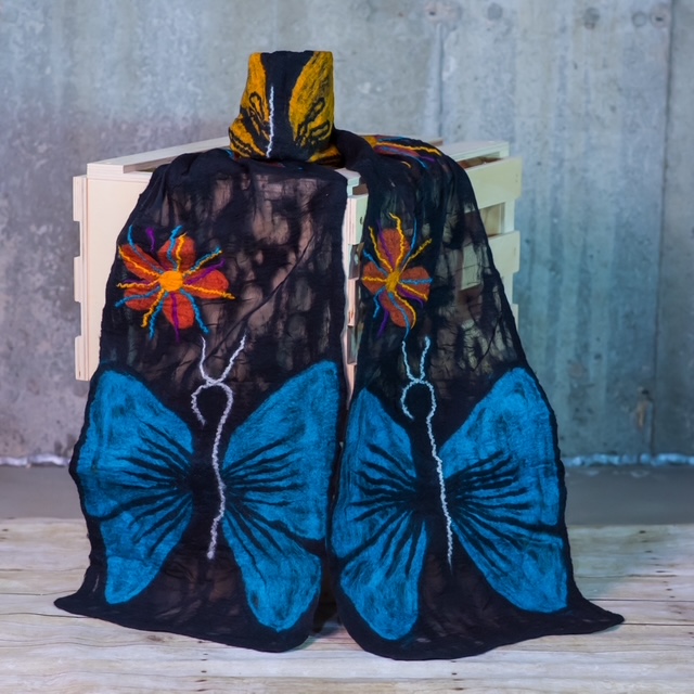 Black Silk Felted Scarf with Blue Butterfly Motifs