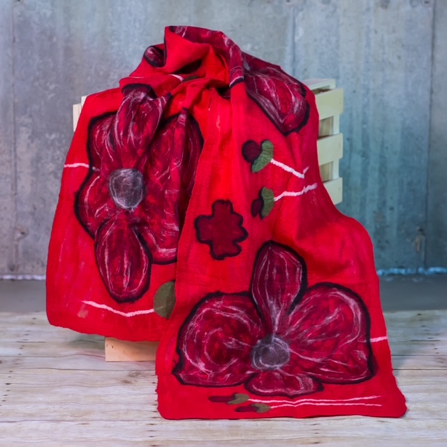 Crimson Red Silk Felted Scarf with Large Floral Motifs