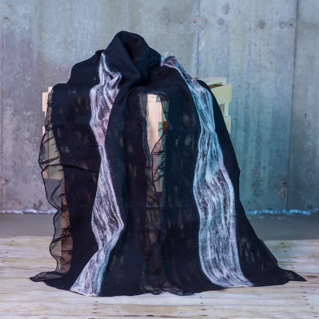 Black & Silver Marbled Nuno Felted Silk Scarf