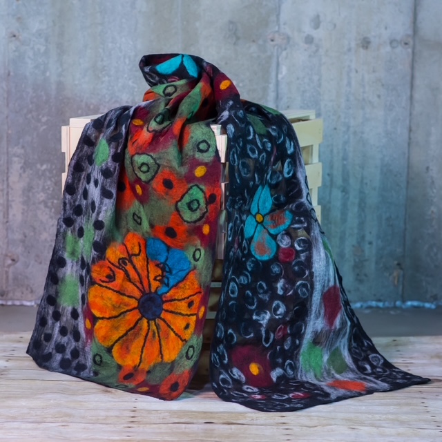 Multicolored Abstract Floral Nuno Felted Silk Scarf