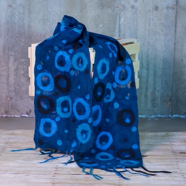 Ocean Blue Nuno Felted Silk Scarf with Circle Motifs