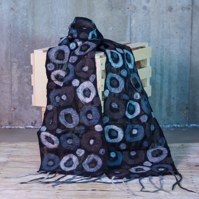 Black & Slate Blue Ring Nuno Felted Silk Scarf