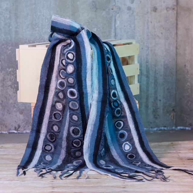 Blue & Slate Striped Nuno Felted Silk Scarf