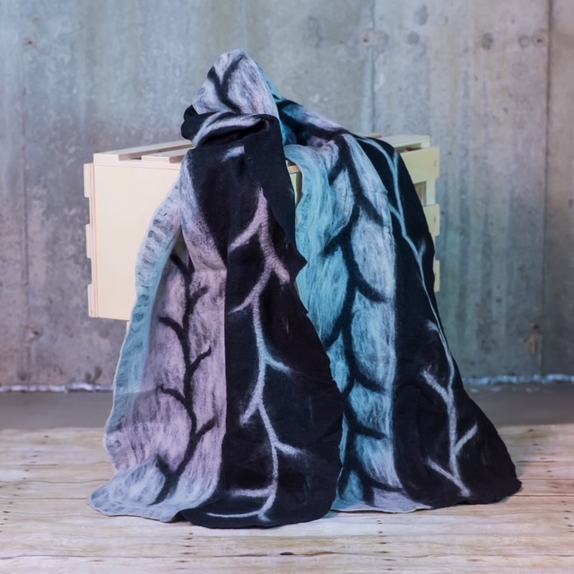 Black & Ice Blue Vine Nuno Felted Silk Scarf