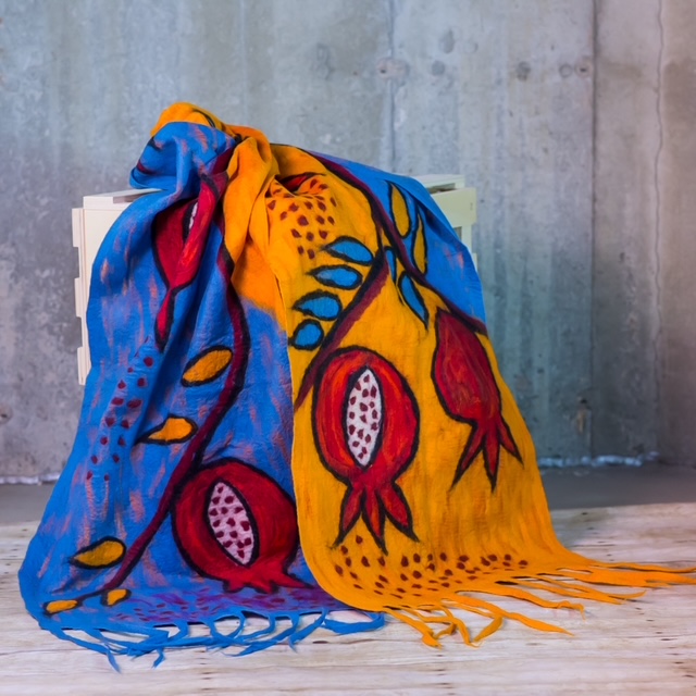 Yellow & Blue Pomegranate Nuno Felted Silk Scarf
