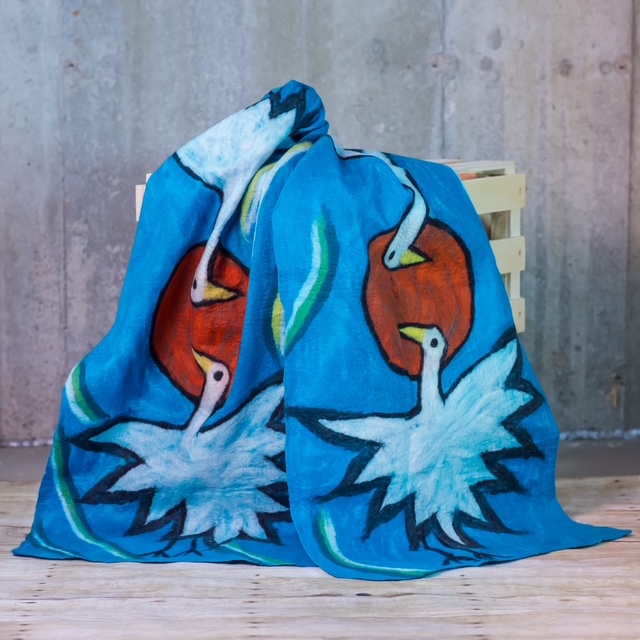 Sky Blue Nuno Felted Silk Scarf with White Crane Motifs