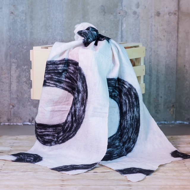 White & Black Geometric Circle Nuno Felted Silk Scarf