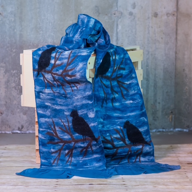 Ocean Blue Nuno Felted Silk Scarf with Black Birds on Branches