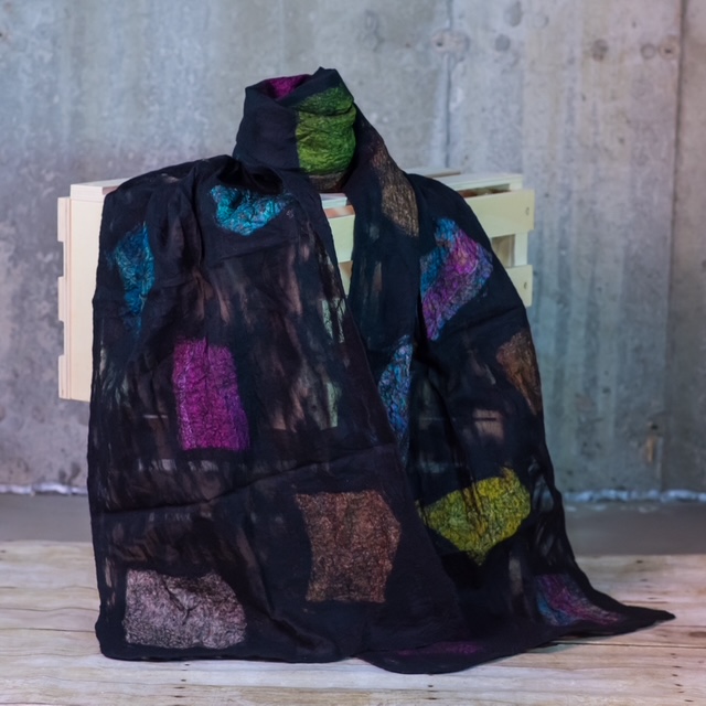 Black Silk Felted Scarf with Jewel-Toned Geometric Blocks