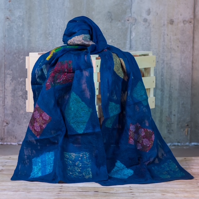 Royal Blue Silk Felted Scarf with Patchwork Diamond Blocks