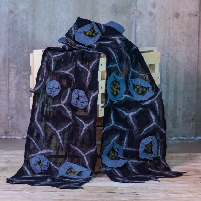 Black Nuno Felted Silk Scarf with 3D Blue Blossoms