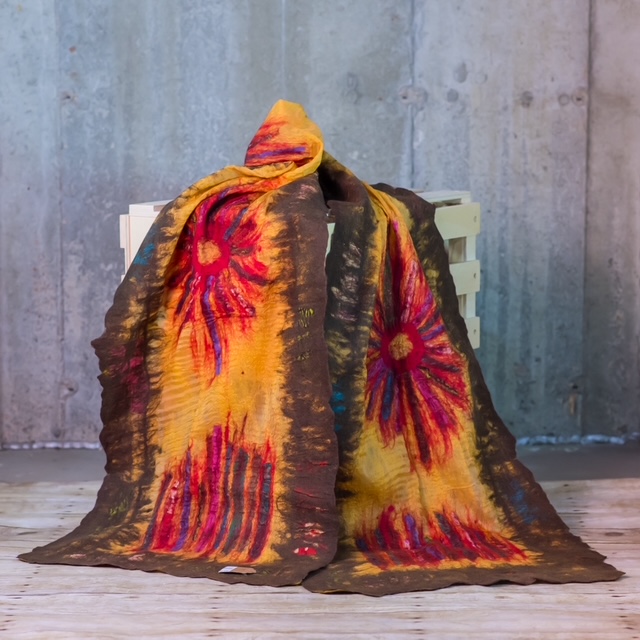 Golden Yellow & Magenta Sunburst Nuno Felted Silk Scarf