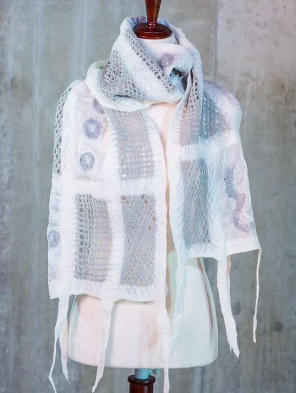 White & Slate Gray Openwork Lattice Nuno Felted Silk Scarf