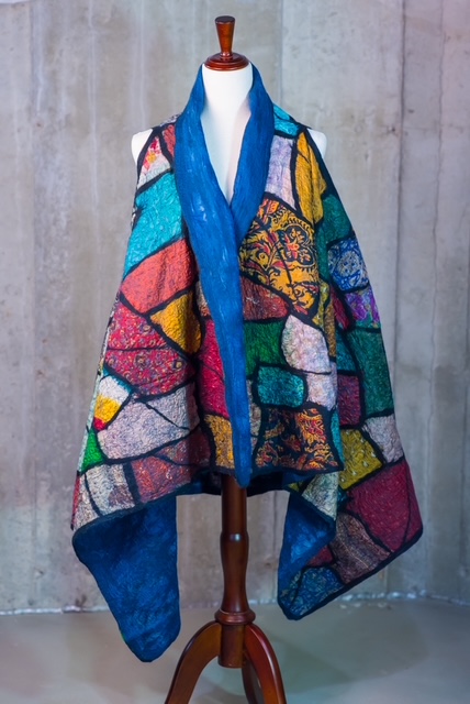 Multicolored Stained-Glass Mosaic Nuno Felted Silk Cape
