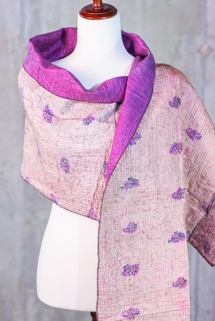 Magenta & Cream Reversible Floral Silk Wool Felted Scarf
