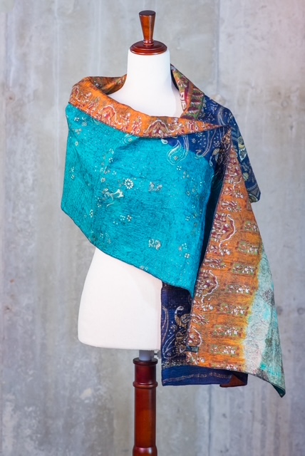 Turquoise & Indigo Reversible Peacock Motif Silk Wool Felted Scarf