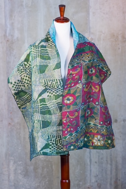 Sky Blue & Geometric Motif Reversible Silk Wool Felted Scarf