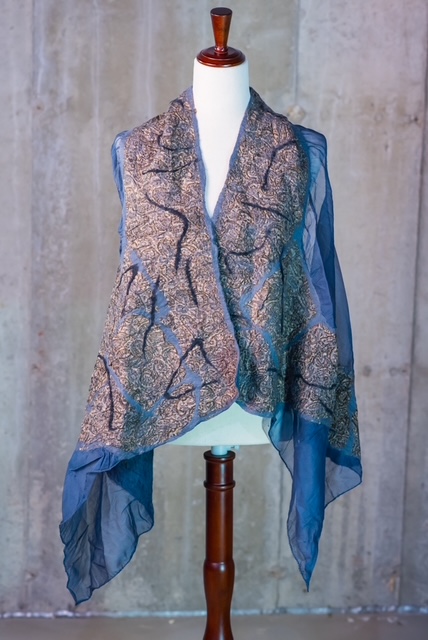 Dusty Blue & Bronze Brocade Nuno Felted Silk Cape