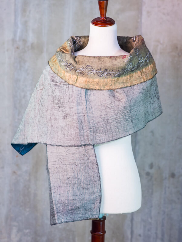 Slate Gray & Turquoise Floral Reversible Silk Wool Felted Scarf