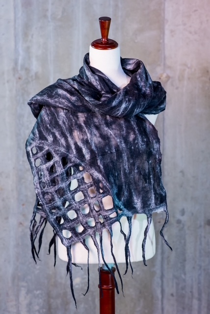 Marbled Charcoal Nuno-Felted Scarf with Fringe