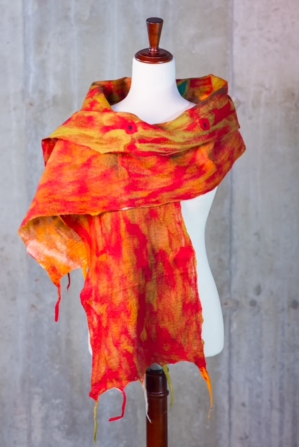 Fiery Red & Marigold Nuno-Felted Scarf with Tassels