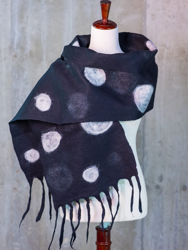 Black Felted Scarf with Large White Polka Dots